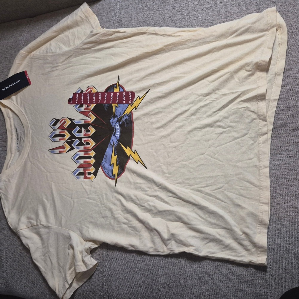 Lucky Brand Mens Los Angeles Graphic T-Shirt Cream XL Rock Lightning Bolt Tee